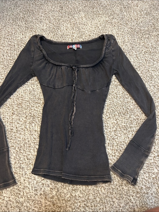 Urban Outfitters Tops - Urban Outfitters Black Ribbed Long Sleeve Scoop Neck Top with Tie
